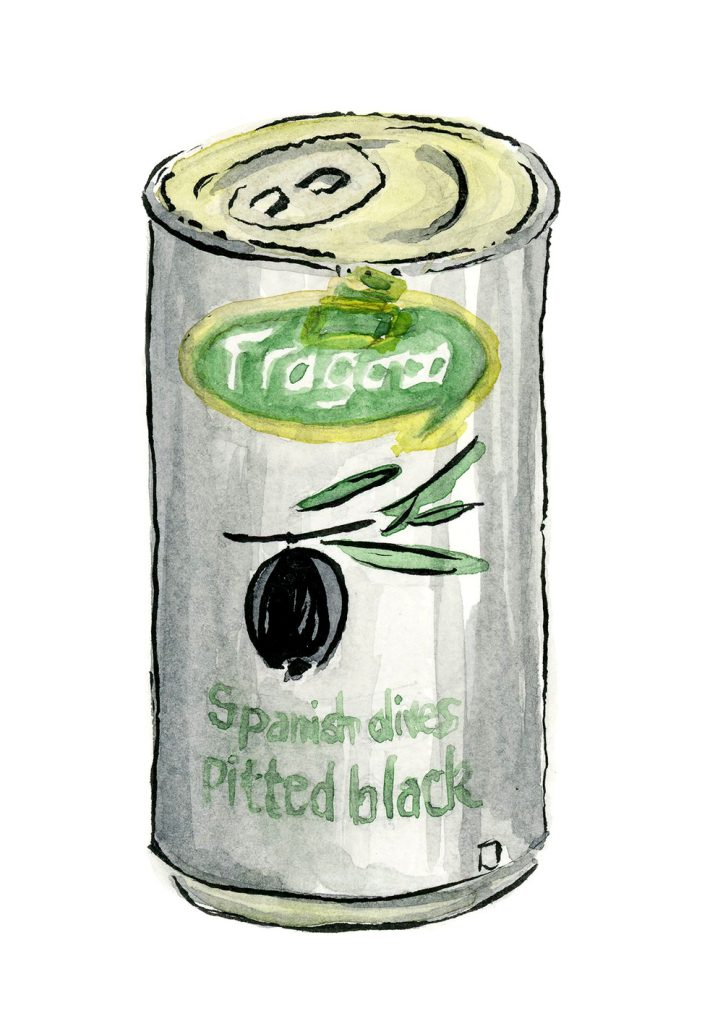 Spanish black pitted olives in a can
