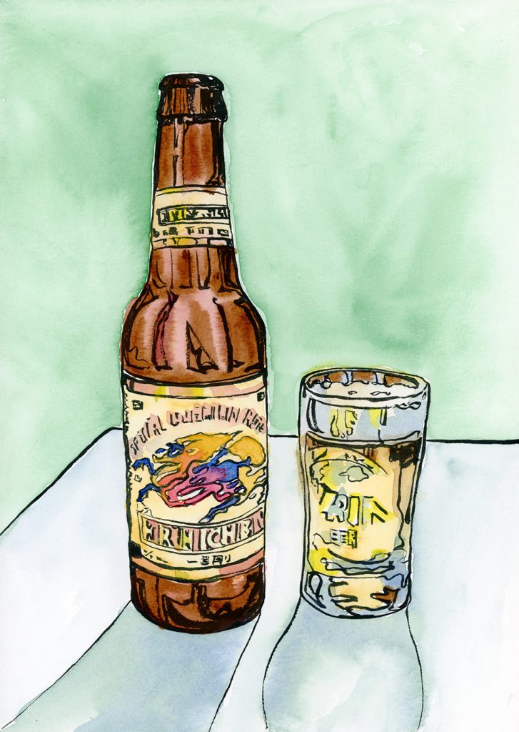 Kirin beer bottle and glass