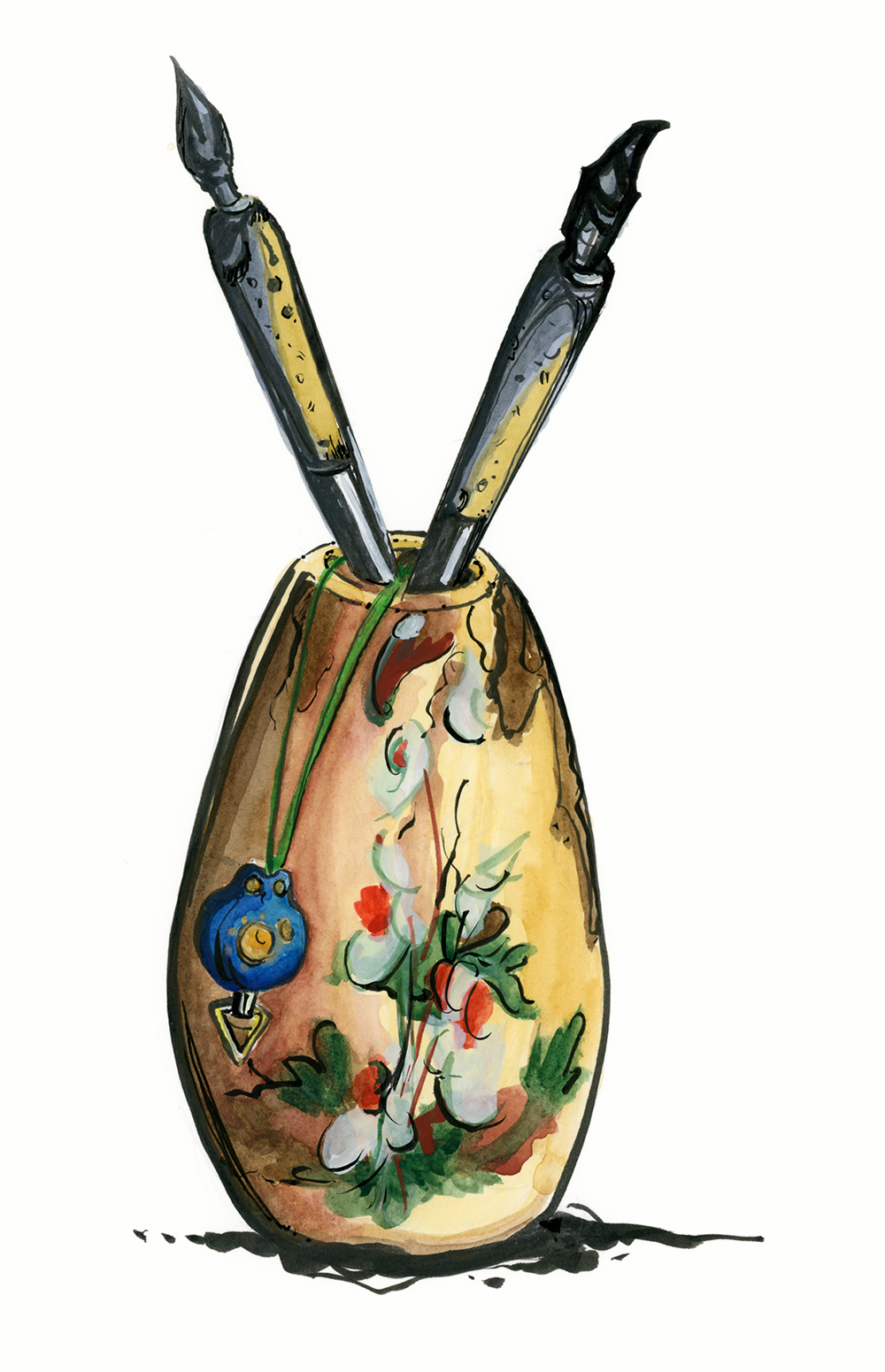 vase with ink pens and cell phone charm