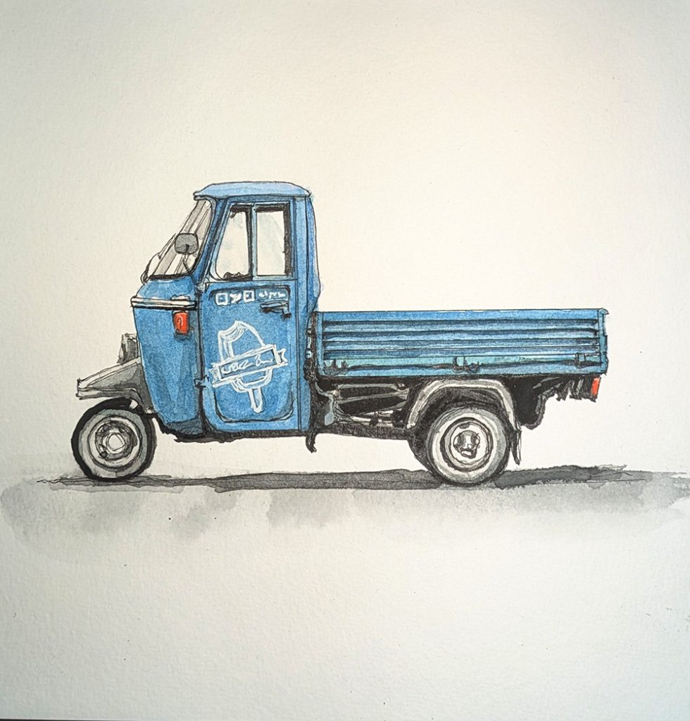 Three-wheeled, blue Piaggio Ape truck
