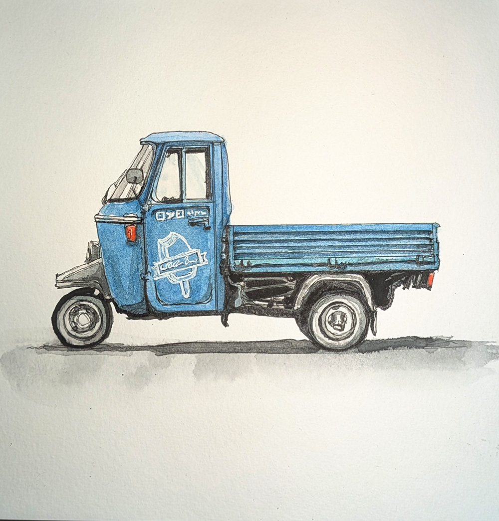 Three-wheeled, blue Piaggio Ape truck